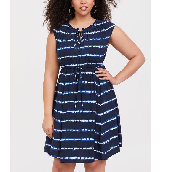Torrid Mini Challis Tie-Front Skater Dress Size 1X Plus Blue Tie Dye Stripe - Picture 1 of 8